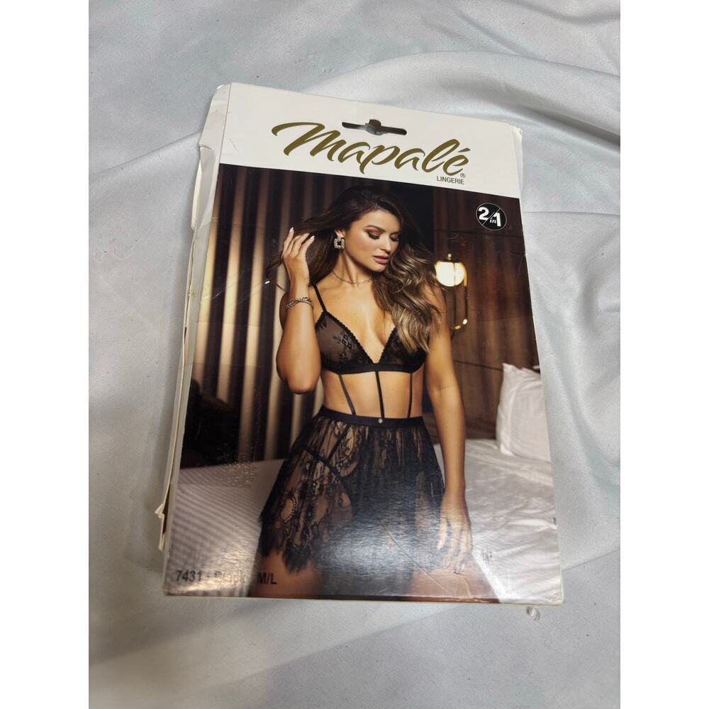 Mapalé 7431 Black Lace 2-in-1 Lingerie Set Bra Thong & Skirt SZ M/L
